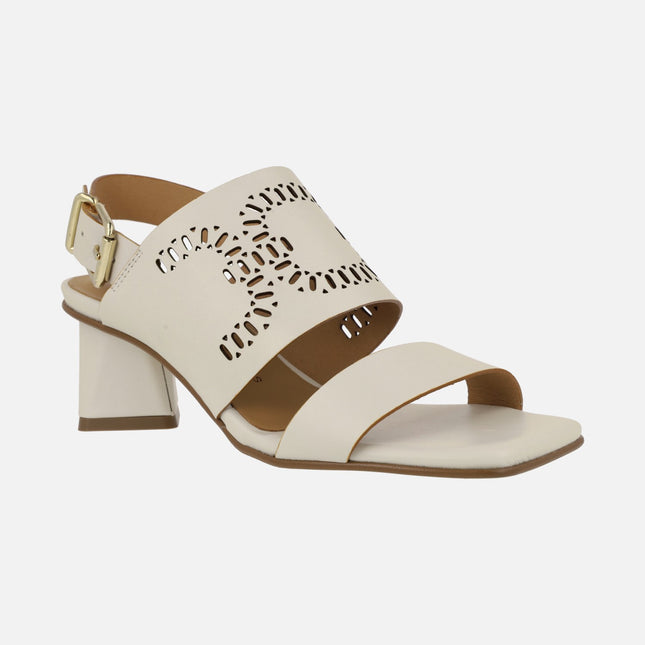 Manarola Sandals in off white leather with geometric heels