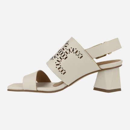 Manarola Sandals in off white leather with geometric heels