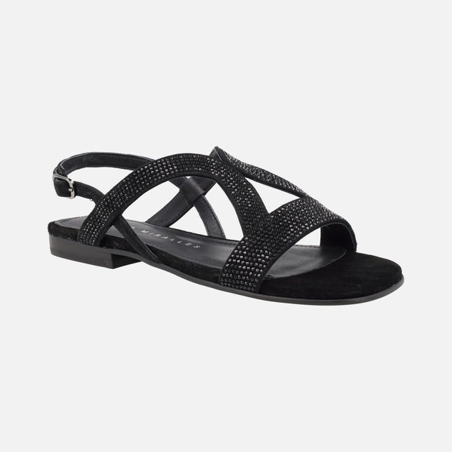Black flat sandals with strass coverage