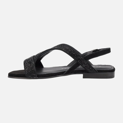 Black flat sandals with strass coverage