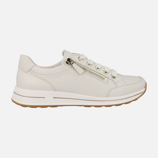 ARA Sneakers in Cream Leather With Laces and Lateral Zipper
