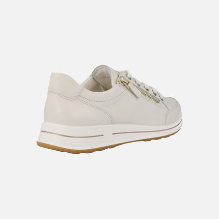 ARA Sneakers in Cream Leather With Laces and Lateral Zipper