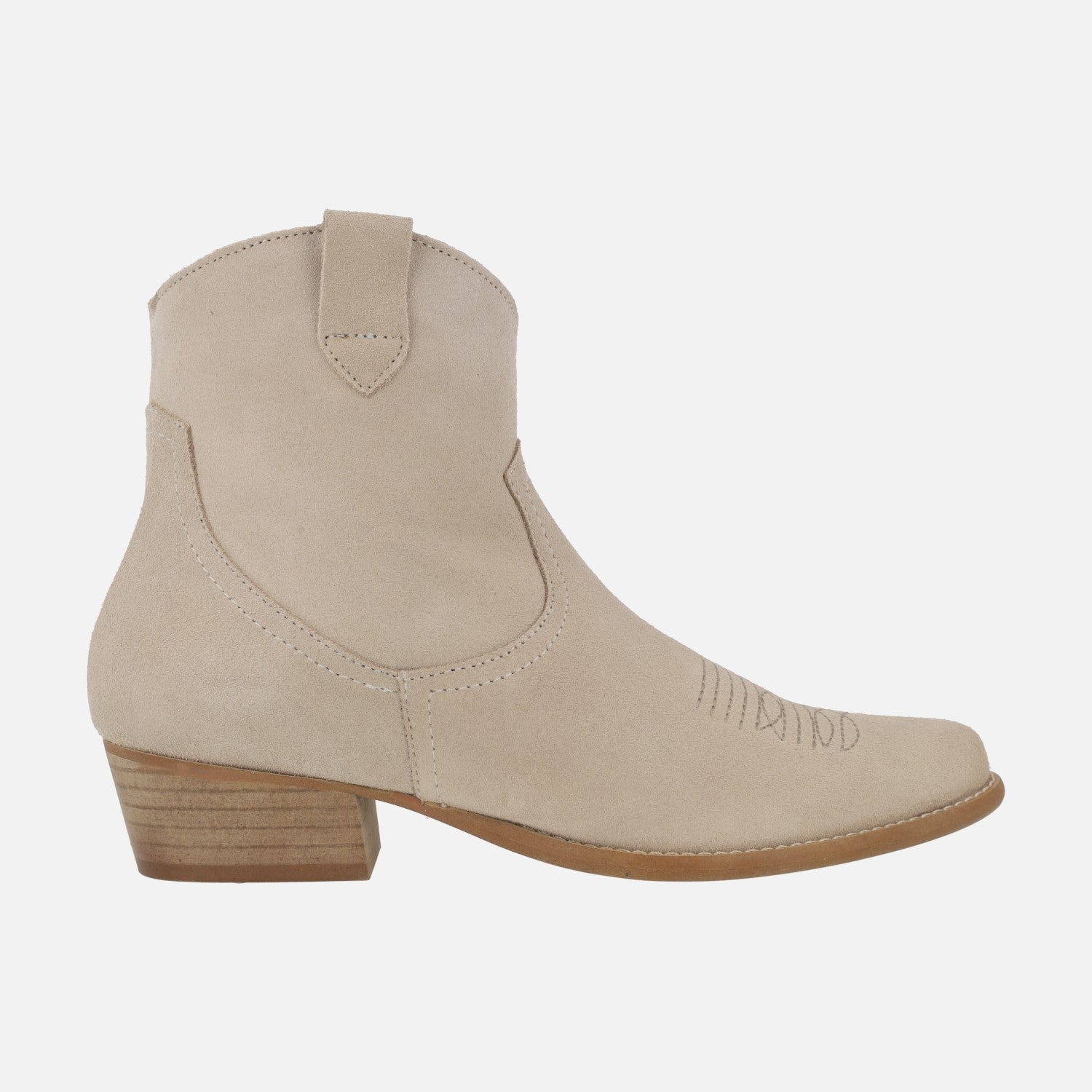 Botines cowboy Caliope en serraje con motivos pespunteados