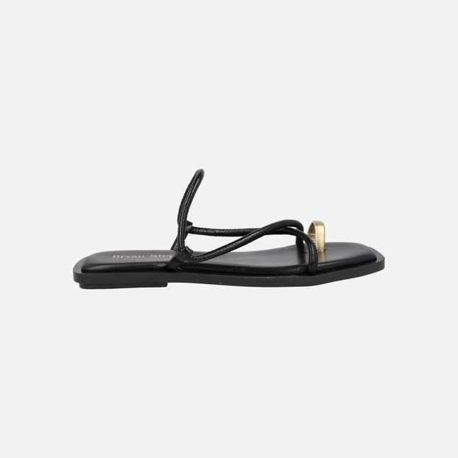 Katia Flats Sandals in Black leather with golden detail