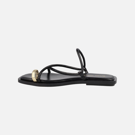 Katia Flats Sandals in Black leather with golden detail