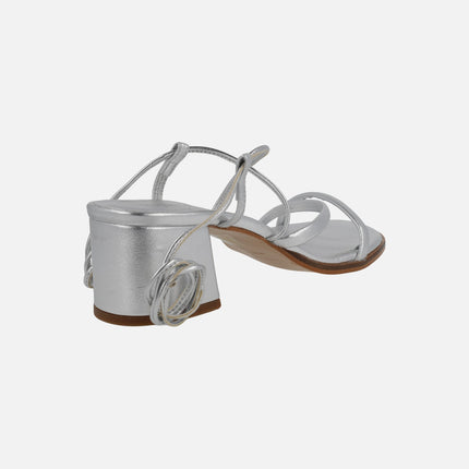 Grecia heeled sandals in metallic leather with strips and laces
