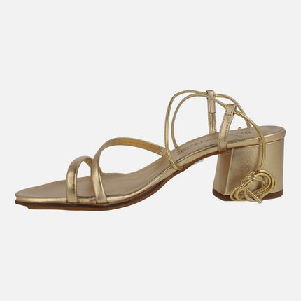 Grecia heeled sandals in metallic leather with strips and laces