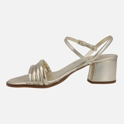 Gold leather heeled sandals with front strips and bracelet to the instep