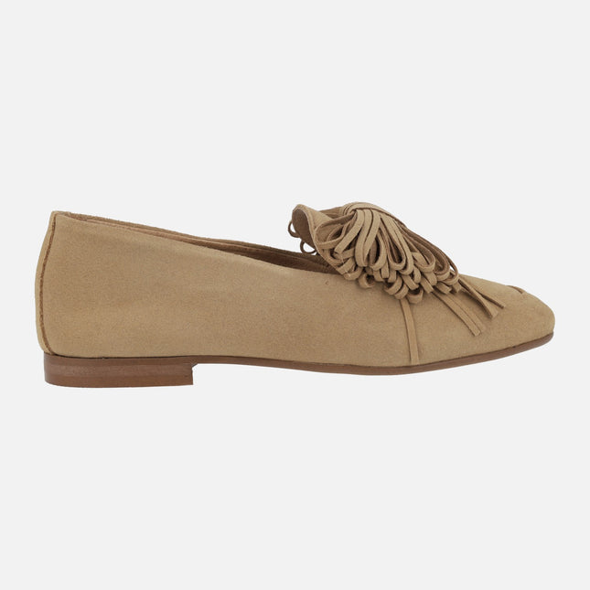 Camel suede moccasins with ribbon detail