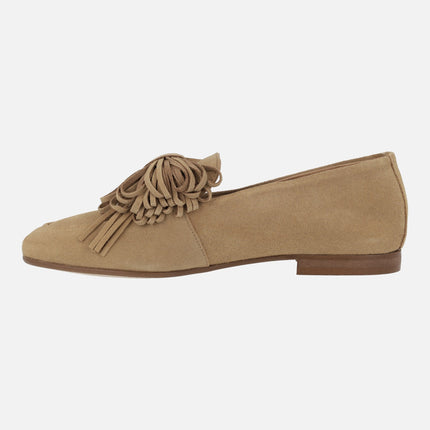Camel suede moccasins with ribbon detail