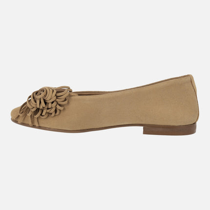 Camel Suede flat ballerinas with ribbon