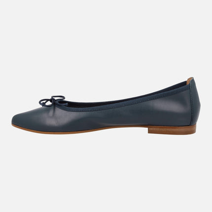 Navy blue leather flats with sharp toe and bow