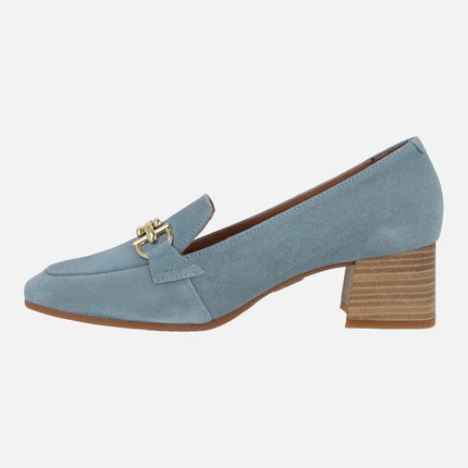 Heeled Moccasins For Women in Suede With Metal detail
