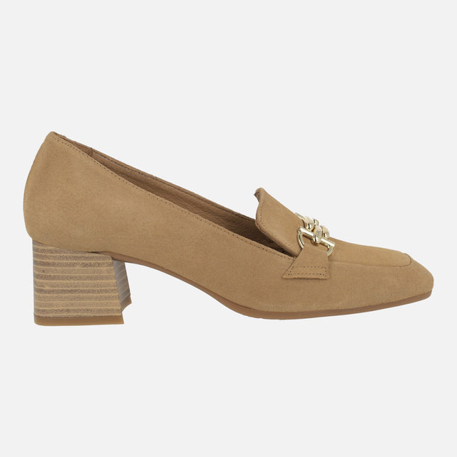 Heeled Moccasins For Women in Suede With Metal detail