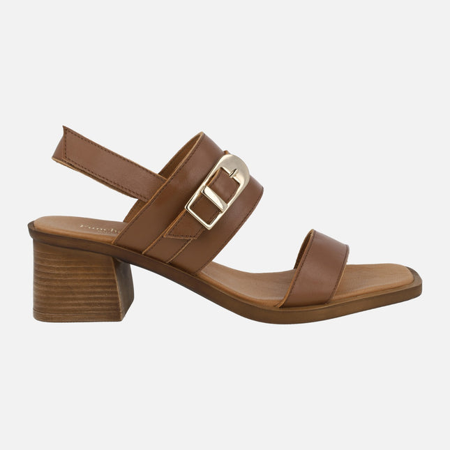 Leather sandals with decorative buckle and velcro closure