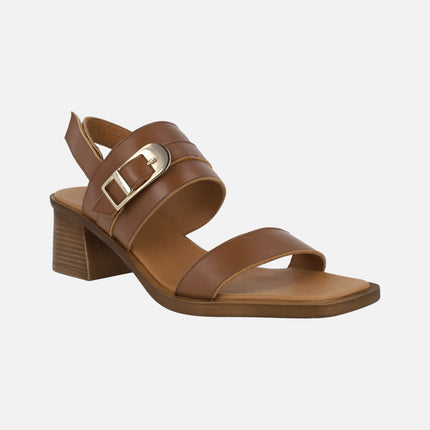Leather sandals with decorative buckle and velcro closure