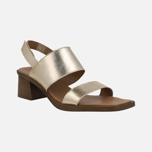 Gold metallic leather heeled sandals with velcro closure