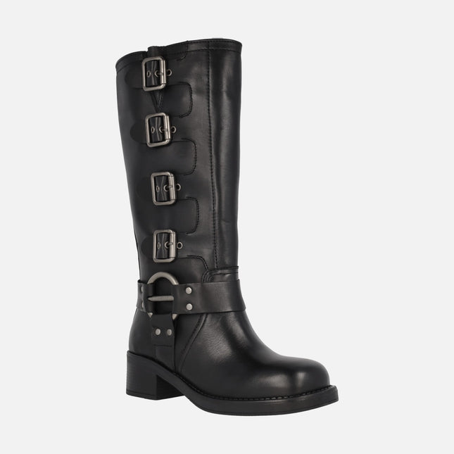 Selena Black leather biker boots with buckles