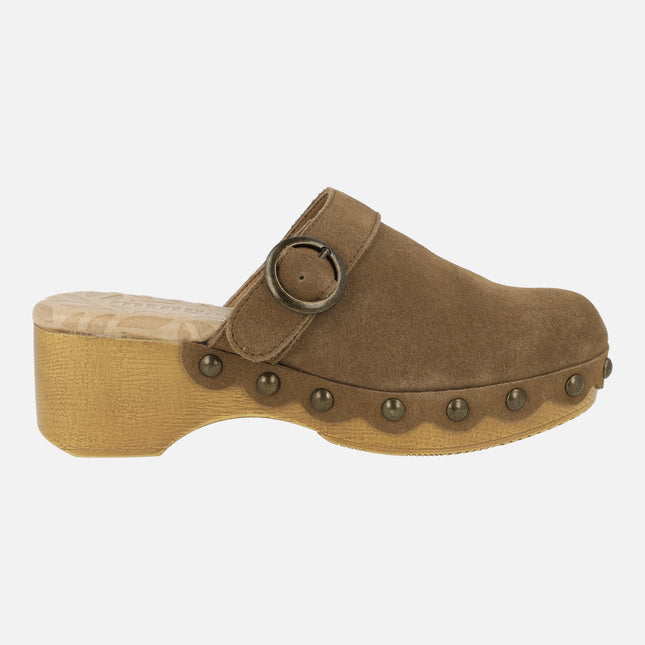 Women's suede clogs Elois with buckle ornament