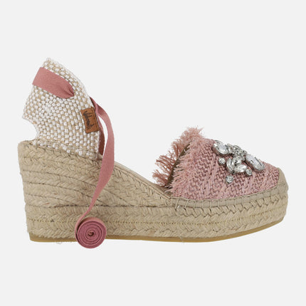 Raffia espadrilles with crystals and ribbons