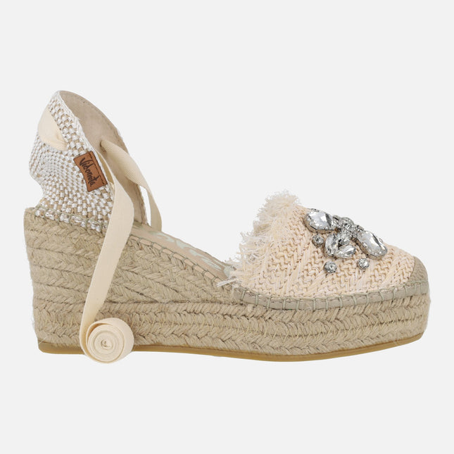 Raffia espadrilles with crystals and ribbons
