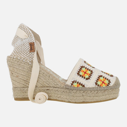 Croché fabric espadrilles with laces and high wedge