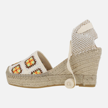 Croché fabric espadrilles with laces and high wedge
