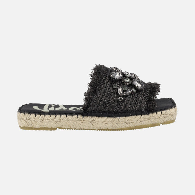 Black ESPADRILLES in raffia fabric with crystal detail