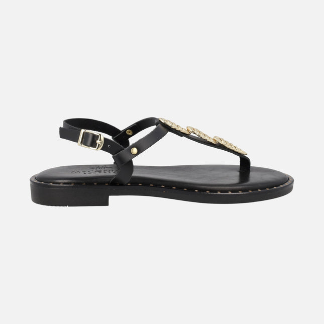 Greek sandals in color Black With metallic ornament