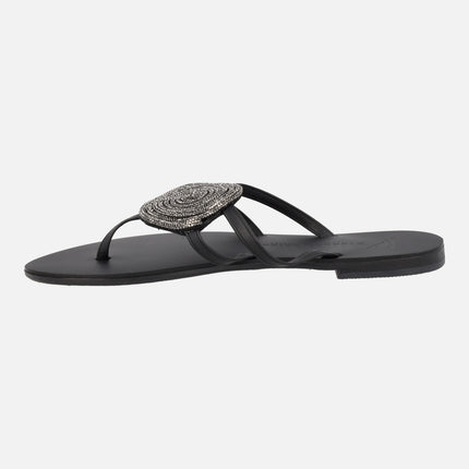 Black flat sandals with Strass ornament
