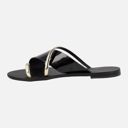 Flat Sandals in Black and Gold Combi