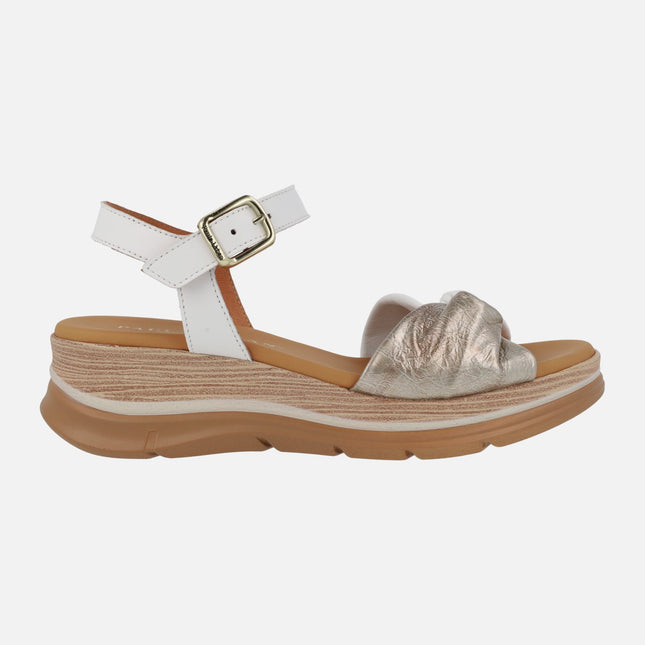 White and gold bicolor leather sandals with buckle closure