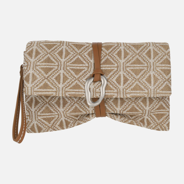 Beige printed fabric handbags with removable handle