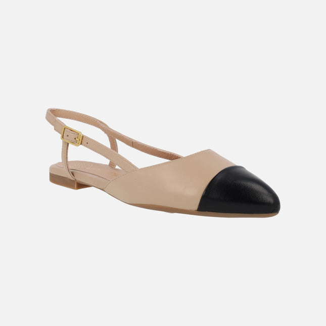 Open heeled flats in Beig leather with Black toe