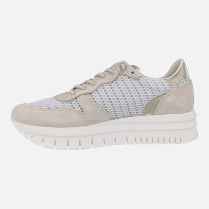 Sneakers in leather and fabric grid combination with elastic laces