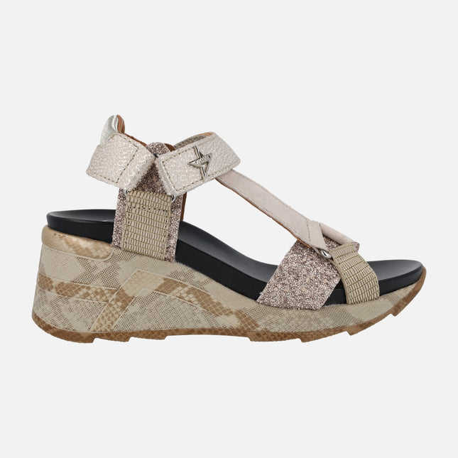 Wedged sandals in beige-platinum combination with velcro closure