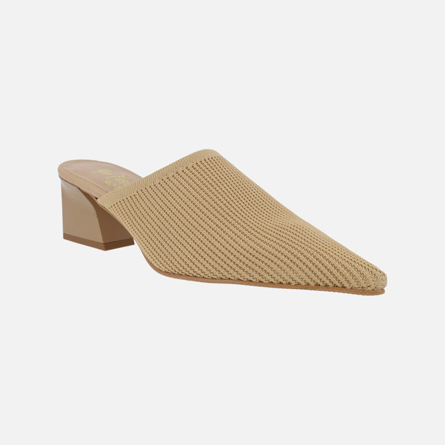 Heeled clogs with sharp toe in lycra fabric