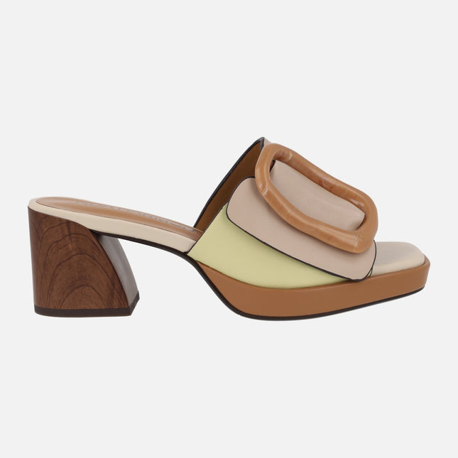 Flora heeled clogs with buckle in beige and yellow combination