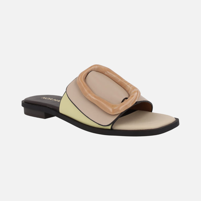 Flat sandals with maxi buckle in beige and yellow combined