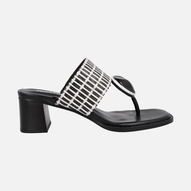 Women's sandals in combined white and black raffia with stone detail