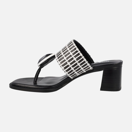 Women's sandals in combined white and black raffia with stone detail