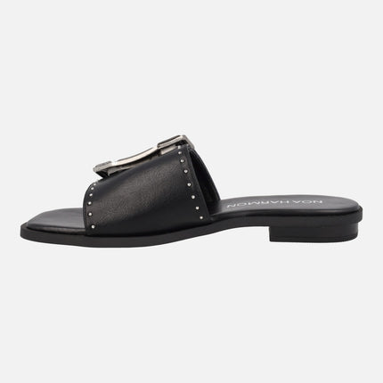 Black flat sandals with studs and maxi buckle maria