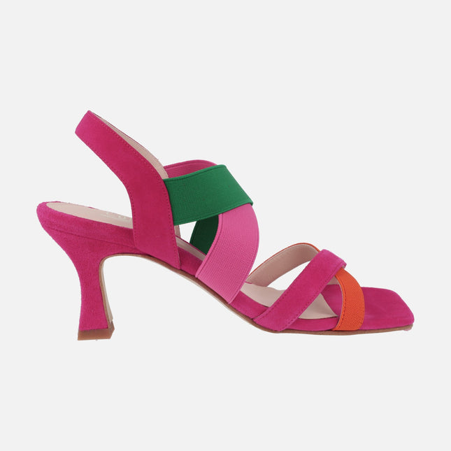 Heeled sandals with multimaterial strips in fuchsia combi