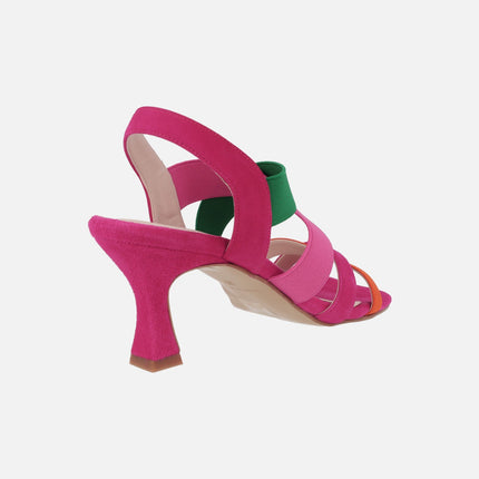 Heeled sandals with multimaterial strips in fuchsia combi