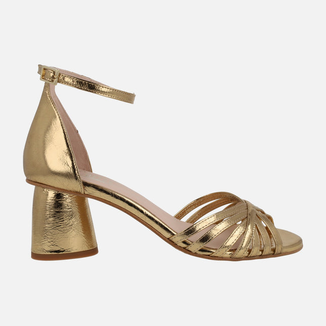 Metallic leather heeled sandals with ankle bracelet
