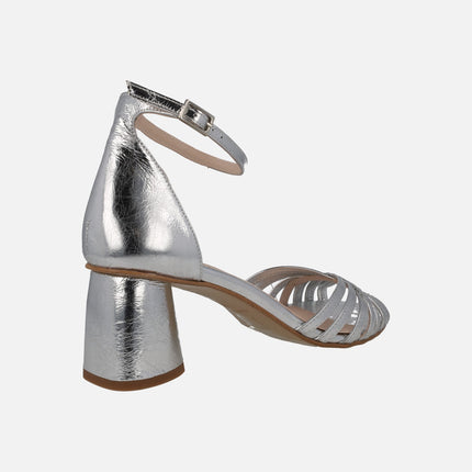 Metallic leather heeled sandals with ankle bracelet