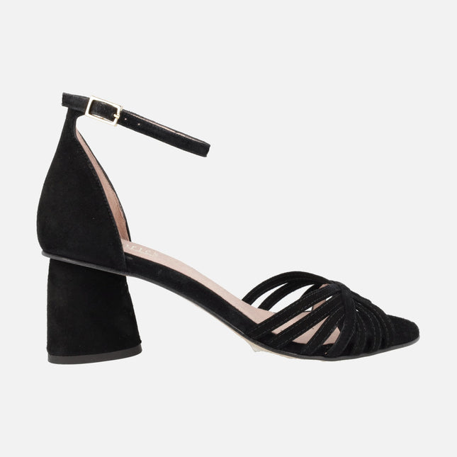 Heeled sandals in black suede Padma with ankle bracelet