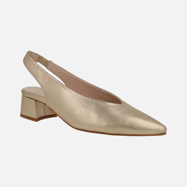 Golden leather open heeled pumps with low heel