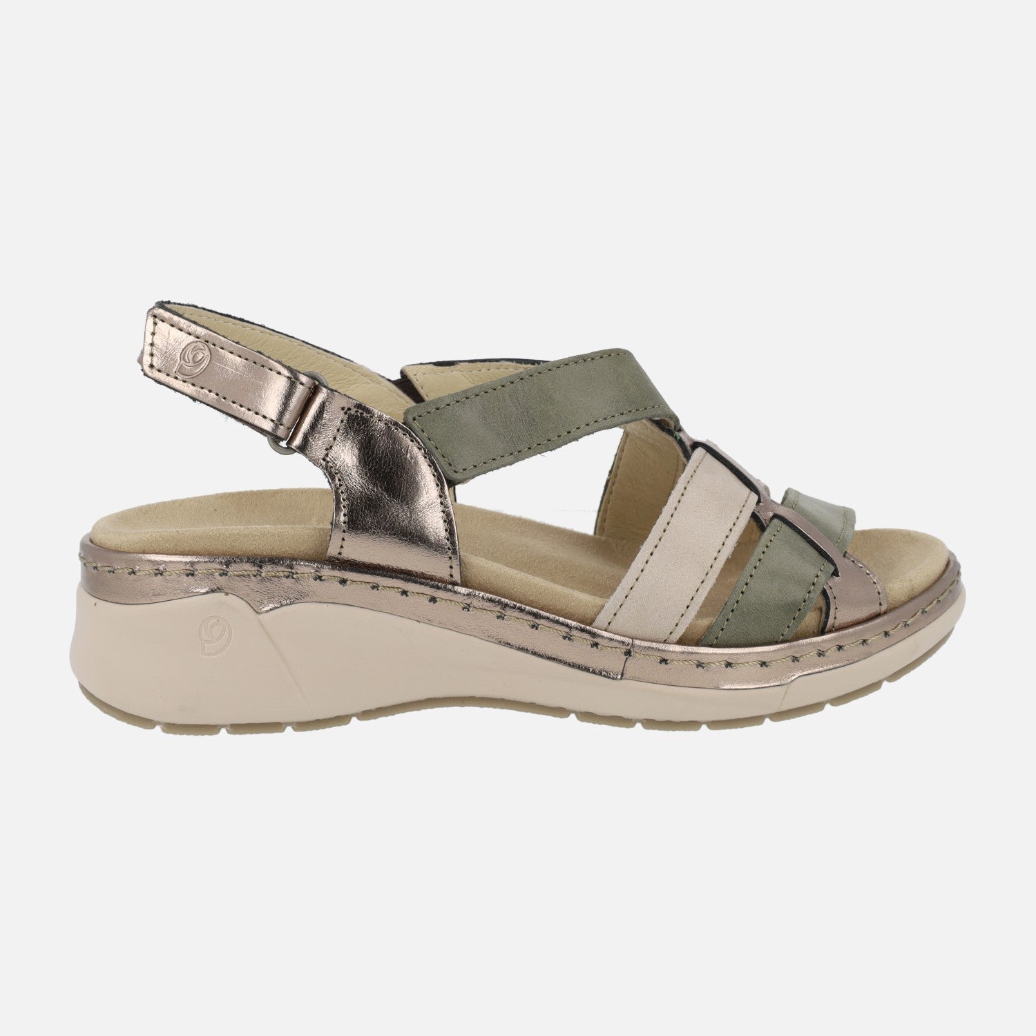 Sandalias confort combinadas en beige y verde con cierre de velcro
