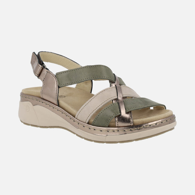 Comfort sandals combined in beige and green with velcro closure